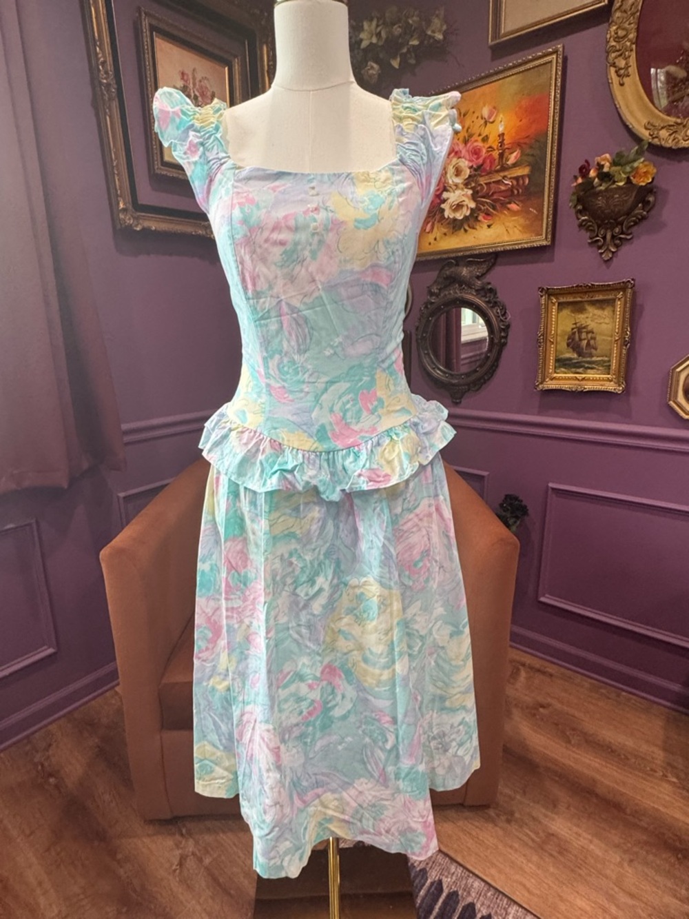 Vintage Teen Pastel Ruffled Peplum Midi Dress - Mint, Pink, Yellow